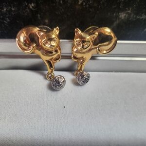 Gold Cat Earrings with Silver Accents